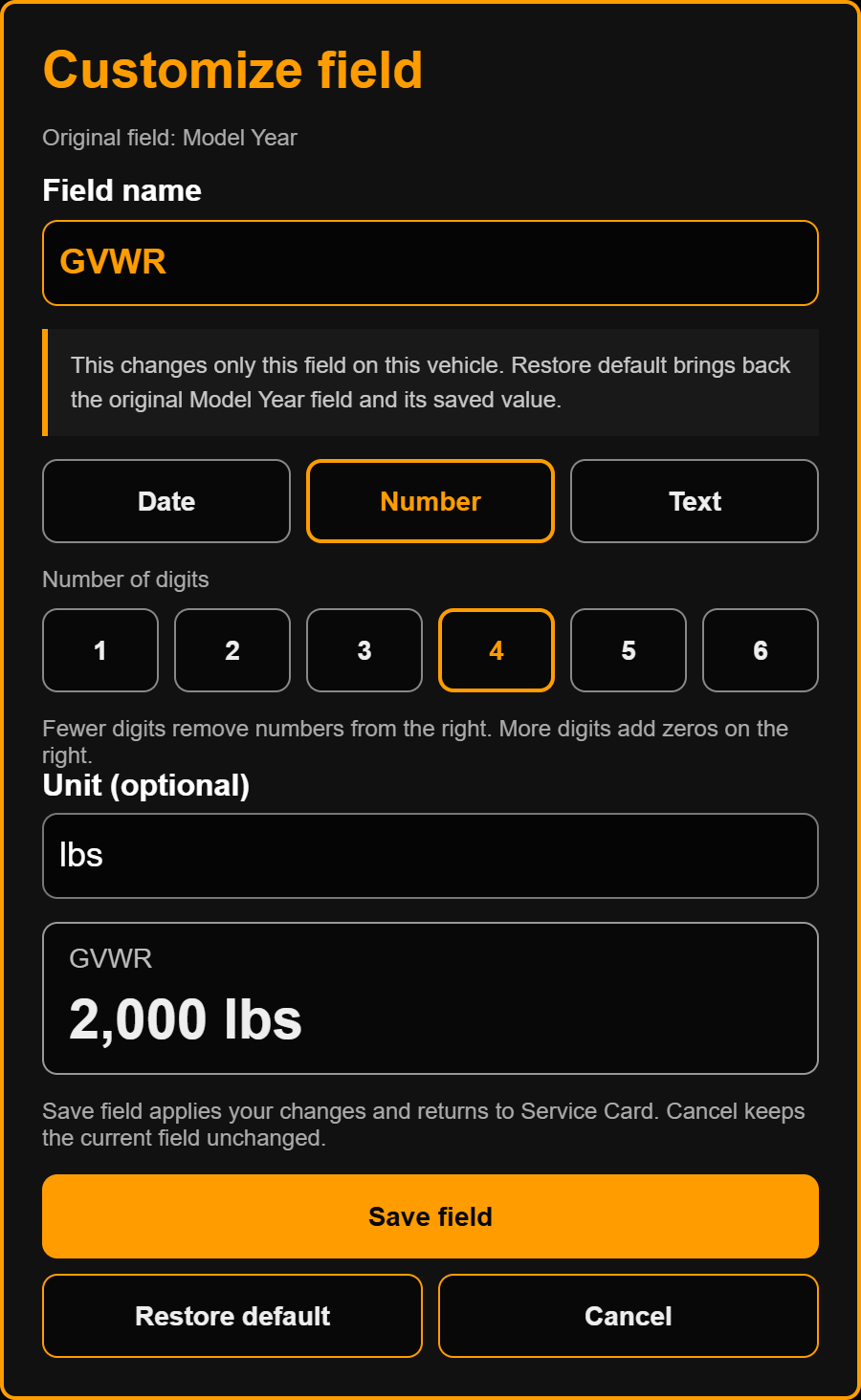 Customize field dialog for GVWR with four digits and lbs unit