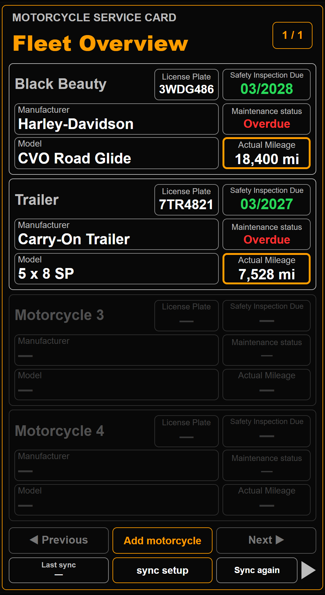 Fleet Overview showing a motorcycle and a trailer