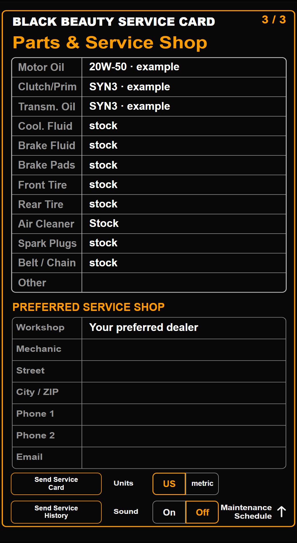 Parts, fluids, preferred service shop and sharing controls