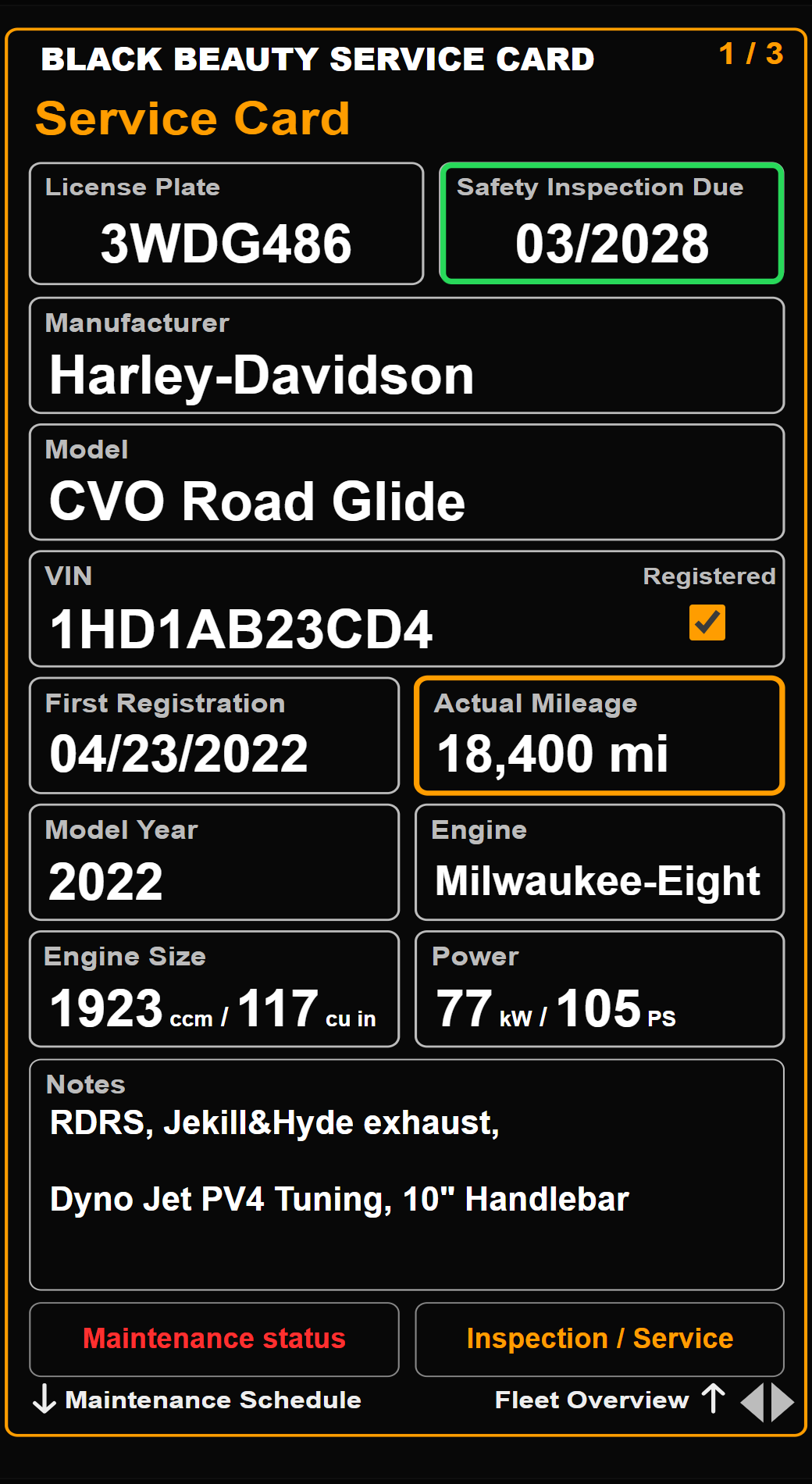 Black Beauty, a 2022 Harley-Davidson CVO Road Glide, displayed on Service Card 1