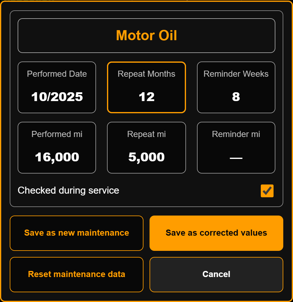 Motor Oil parameter selection panel