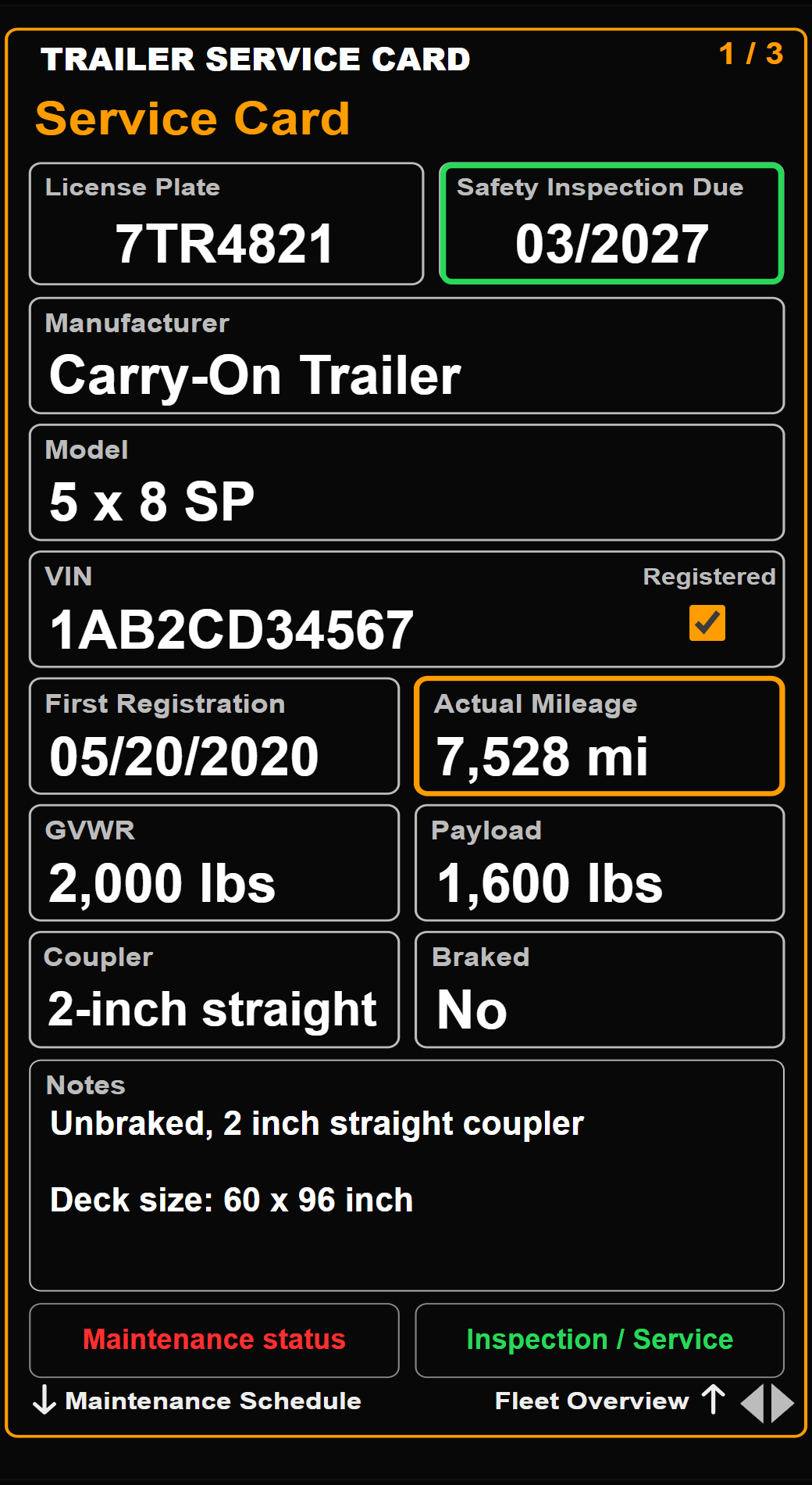 Trailer trailer card with GVWR, Payload, Coupler and Braked
