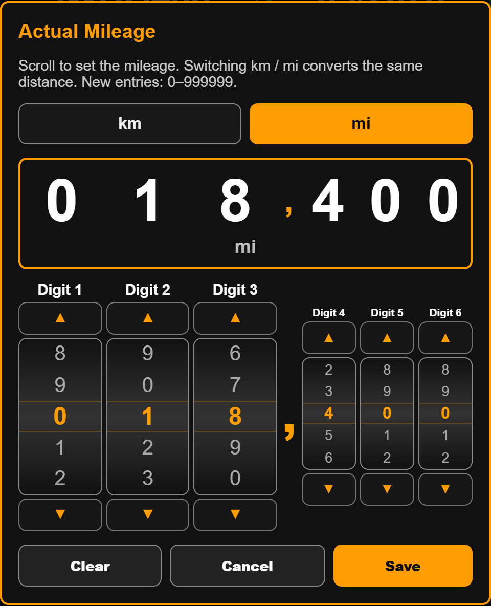 Actual mileage scroll wheel with km and mi switch
